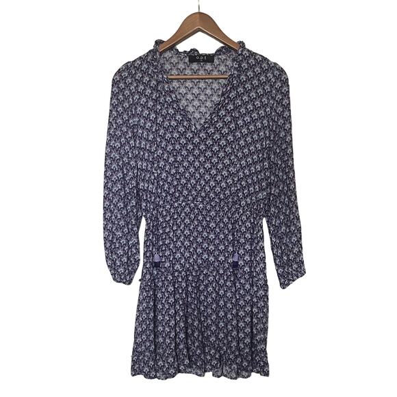 Anthropologie OPT Sz Medium Purple Floral Long Sleeve Short Elastic Waist Dress - Picture 1 of 8